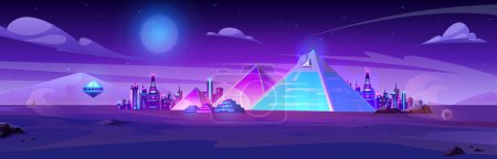 Nacht futuristische Neon-Ägypten-Stadt mit Pyramidenhintergrund. Dunkle Cyber-Architektur in Wüstenlandschaft mit Wahrzeichen. Lila beleuchtete antike Umgebung. Kairoer Traumstadt mit Mondschein