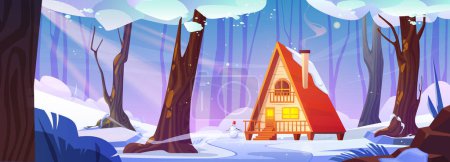 House and tree in winter forest cartoon background. Wintry resort hut in woods nature scene. Northern wonderland snowscape with trunk and forester cottage for season fairytale game backdrop.