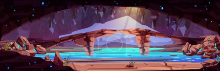 Illustration for Underground mine cave view with water and light ray cartoon scene. River and rock bridge inside mountain vector background illustration. Waterfall in pit tunnel mysterious landscape with gem sparkle - Royalty Free Image