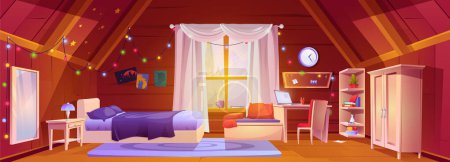 Illustration for Attic girl bedroom interior with desk cartoon background. Teenage student room with bed and mirror. Girly modern student workspace on mansard. Cockloft apartment with garland and forest view in window - Royalty Free Image