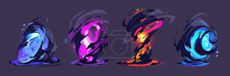 Vfx tornado game cartoon storm effect set isolated. Blue flash twirl with cloud. Magic energy power motion. Magician destructive funnel swirl. Different orange force spell with flame png asset kit.