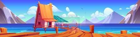 Illustration for Stilt house on lake beach in mountain valley. Nature landscape with small wooden hut, pier on river and rocks. Fishing cabin on lake shore, vector cartoon illustration - Royalty Free Image