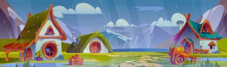 Rain village scene with cute fantasy dwarf house cartoon illustration. Rainy mountain ridge view in leprechaun village near river shore. Paved path to elves cottage with chimney game background.