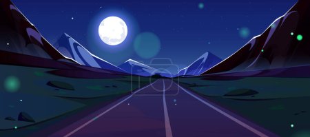 Straße und Berg Cartoon Nacht Landschaft. Dunkelblauer Himmel und Vollmond bis zum Horizont. Leere Sommerwanderwege mit Alpen, Glühwürmchen. Asphaltierte Autobahn und Bergpanorama