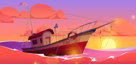 Ilustración de Barco de dibujos animados flotando en el mar contra el fondo del atardecer. Ilustración vectorial de la pesca antigua o barco patrulla navegando en el océano, el sol poniéndose en el horizonte, hermoso cielo naranja con nubes. Viaje marítimo - Imagen libre de derechos