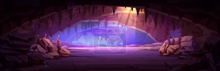 Illustration for Cartoon cave interior illuminated with sunlight from ceiling. Vector illustration of rocky landscape inside mountain for adventure game background. Fantasy dark scene with stones and cobweb. Old mine - Royalty Free Image
