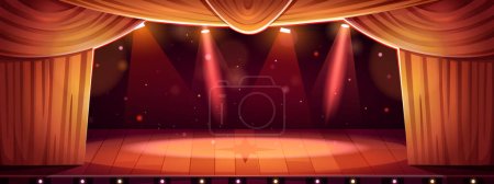 Illustration for Theater concert stage with curtain cartoon scene background. Opera show spotlight in empty school hall for comedy performance. Open platform for opera play with magic bokeh sparkles light in center - Royalty Free Image