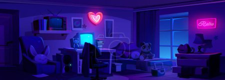 Illustration for Night y2k girl bedroom interior with pink neon light heart. Cartoon groovy room with armchair, bed, pc, tv and drawer. Retro teen design background with nobody. Inside decor with bear toy - Royalty Free Image