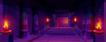 Illustration for Dark dungeon in abandoned Egyptian palace. Vector cartoon illustration of corridor inside ancient template illuminated by fire, dust and spider web on pillars, mysterious neon hieroglyphs on walls - Royalty Free Image