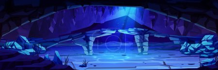 Illustration for Cartoon underwater cave with stone bridge. Vector illustration of rocky landscape on bottom of deep sea or ocean, seaweed and fish on fantasy marine scene for adventure game. Drowned antique palace - Royalty Free Image