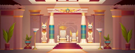 Ancient egyptian pharaoh throne in palace interior. Egypt temple cartoon background with god statue and mythology ornament illustration. Cat, scarab and gold eye symbol near king inside pyramid.
