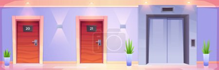Illustration for Hotel or office building corridor with elevator and rooms doors. Empty hallway interior with closed doors to apartments, metal lift gates and plants, vector cartoon illustration - Royalty Free Image