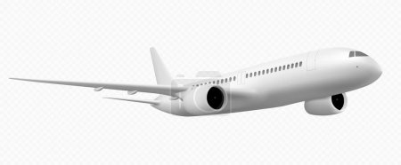 Illustration for 3d white plane flight isolated vector travel icon png. Realistic render of jet on transparent background. Airline commercial mockup for international fly on holiday. Charter aircraft blank template - Royalty Free Image