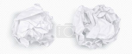 Illustration for Crumple paper ball, white 3d crinkle trash vector isolated on transparent background. Waste scrunch garbage icon set. Realistic wrinkled page. Messy throw rumple grunge sheet. Mistake in document - Royalty Free Image