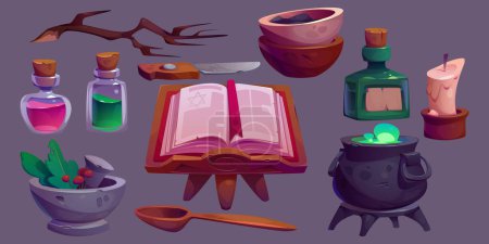 Witch house with magic book. Old alchemist halloween laboratory room interior object set. Isolated cartoon fantasy game clipart. Cauldron with potion, branch and glass bottle for elixir decoration.