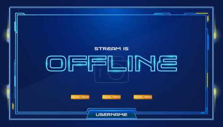 Illustration for Offline banner blue stream template design. Game broadcast media overlay with neon light frame. Abstract cover layout element for streamer. Social media button on channel interface. - Royalty Free Image