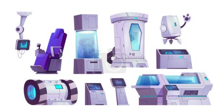 Futuristic cryogen capsule science laboratory isolated set. Cartoon lab equipment with robot on spaceship interior. Cryonics technology clipart on white background. Hibernation research and experiment