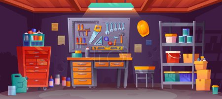 Illustration for Night workshop interior in garage storage room with tool shelf and lamp spotlight. Wood table in shed or basement with toolbox, board for handsaw and wrench. Engineer equipment in storeroom front view - Royalty Free Image