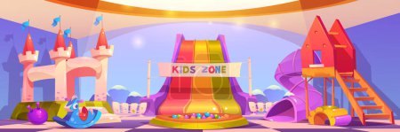 Cartoon kids zone for active leisure and fun. Vector illustration of playground room in shopping mall, school, kindergarten with trampoline, dry pool, slide, rocking horse and toys. Childrens activity