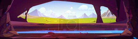 Cave view on grass field and mountains nature. Magic pond with sparkle and blue water on sunny day. Morning outdoor alps distant natural cartoon landscape scene panorama. Natural entrance to grotto