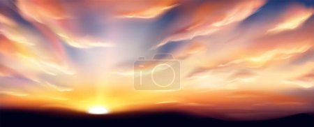 Téléchargez les illustrations : Ciel couchant réaliste avec nuages. Illustration vectorielle du coucher du soleil à l'horizon, magnifique paysage nuageux orange et rose céleste, heure dorée. Lumière du soleil magique au-dessus du sol. Fin de journée, symbole du vieillissement - en licence libre de droit