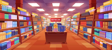 Illustration for Cartoon bookstore interior with many books on shelves, table with bestsellers in aisle. Modern library design with literature on bookshelves and lamps on ceiling. Reading hobby. Publishing business - Royalty Free Image