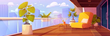 Illustration for House or flats balcony with garden, furniture and city view. Empty terrace interior with glass fence, railing, plants in pots and chair, vector cartoon illustration - Royalty Free Image