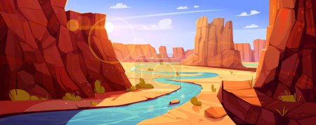 Illustration for Grand canyon and river in Arizona national park vector landscape illustration. Desert with rock cliff and mountain valley for adventure and travel in USA. Unforgettable panoramic view on US landmark - Royalty Free Image