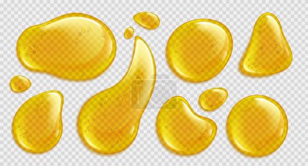 Illustration for Gold honey or yellow argan oil vector droplet set. Isolated realistic 3d yellow serum liquid drop stain with bubble top view. Keratin cosmetic fluid puddle illustration on transparent background. - Royalty Free Image