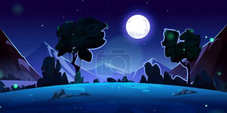 Illustration for Night mountain valley landscape illustration cartoon vector illustration. Beautiful and wild dark nature scenery environment for expedition trip in Canada. Flying firefly under full moon light in sky - Royalty Free Image