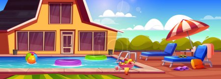 Schwimmbad auf Haus Sommer Hinterhof Cartoon-Illustration. Urlaub am Pool auf Hinterhof Lounge-Platz. Sonnenschirm, Früchte und Rettungsring im Wasser Szene. Luxus-Outdoor-Villa Design an sonnigem Tag.