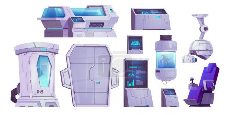 Cryogenic capsules from futuristic science laboratory or spaceship. Future space technologies concept with hibernation pods isolated on white background, vector cartoon set