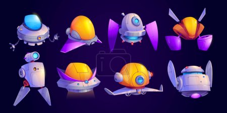 Illustration for Spaceships, alien rockets, ufo shuttles. Futuristic space ships, cute future vehicles flying in cosmos isolated on blue background, vector cartoon illustration - Royalty Free Image