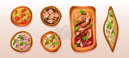 Isolated pizza top view vector icon illustration set. Round margherita and marinara kinds italian food for lunch in restaurant. Different pizzeria cooking shape clipart for menu with meat and pepper.