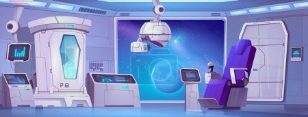 Illustration for Spaceship laboratory interior room with cryogen capsule cartoon ui background illustration. Space view in lab window. Cryotherapy and biotechnology experiment with hibernation computer equipment - Royalty Free Image