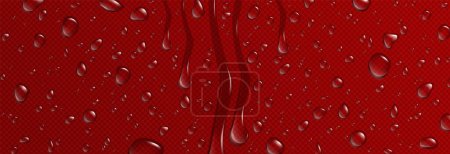 Téléchargez les illustrations : Texture vectorielle de goutte d'eau sur fond de verre rouge. Modèle réaliste de gouttelettes de rosée sur la surface de couleur fraise. 3d abstrait boisson liquide papier peint design graphique. Flux de condensation sur la fenêtre - en licence libre de droit