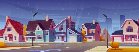 Illustration for Town suburban neighborhood with houses and road intersection in rain. Autumn landscape of suburb with residential buildings, trees and bushes with orange leaves, vector cartoon illustration - Royalty Free Image
