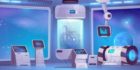 Illustration for Cartoon spaceship lab interior design. Vector illustration of futuristic aircraft room with computers, scientific data on screens, cryogenic capsule with frozen alien creature inside. Game background - Royalty Free Image