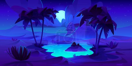 Illustration for Night egypt desert with oasis vector landscape. Palm tree and water in lake illustrated mirage with stars in sky and moon light. Dark drought Africa nature with ancient landmark game illustration. - Royalty Free Image