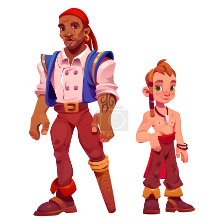 Personnages de dessins animés de capitaine et garçon pirates.Mignon petit corsaire et homme afro-américain en costume de marin avec jambe en bois isolé sur fond blanc, illustration vectorielle