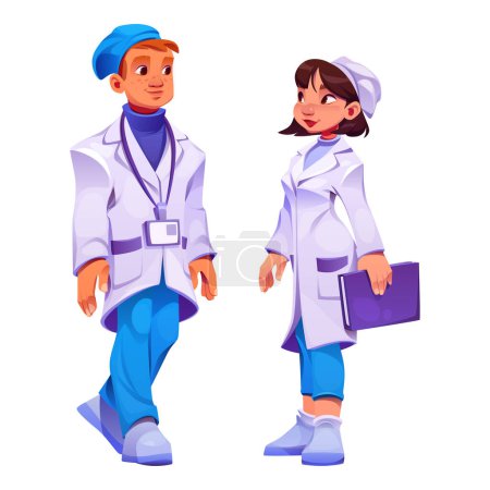 Illustration for Cartoon set of medical personnel isolated on white background. Vector illustration of multiethnic male and female young doctors and nurses character in hospital uniform. Health care clinic services - Royalty Free Image