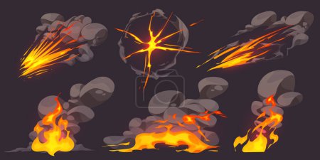 Cartoon Feuer Spiel-Effekt mit Rauchwolken-Vektor-Set. Heiße Flamme Comic-Illustration für UI-Design. Vereinzelt explodieren orangefarbene Feuerwerkskörper. Gefahr brennbarer Angriffsbewegungen.