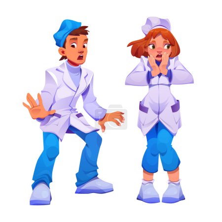 Scared doctor vector set. Medic man worker fear at work. Cartoon physician character clipart illustration. Medical staff male and female in uniform. Isolated healthcare profession therapist in cap