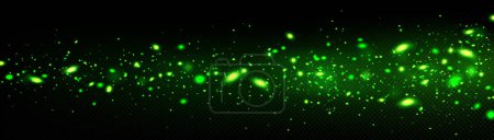 Illustration for Green fireflies glowing on dark transparent background. Vector realistic illustration of abstract neon lights sparkling, magic dust particles texture, mysterious stars shimmering in space galaxy - Royalty Free Image