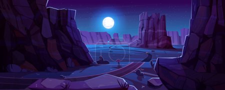 Illustration for Cartoon highway running through night canyon. Vector illustration of dark rocky landscape with stones, cacti, desert road, singboards indicating direction, full moon glowing in starry midnight sky - Royalty Free Image