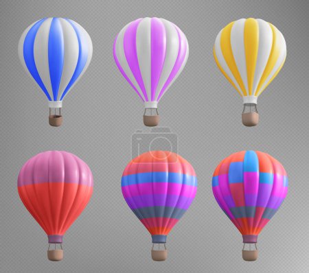 Illustration for 3d isolated hoy air balloon basket travel illustration on transparent background. Realistic aerostat set in red, blue and pink stripe for adventure and recreation. Summer ballooning leisure journey - Royalty Free Image