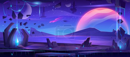 Cartoon alien planet landscape with neon blue crystals. Vector illustration of space adventure game background with cracked surface, rocky stones, meteorites and asteroids flying in starry night sky