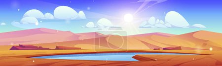 Illustration for Desert landscape with lake water vector background. Empty oasis pond hole in drought Africa Sahara panorama scene. Egyptian sand nature hills game scenery with waterhole and sun beam in blue sky. - Royalty Free Image