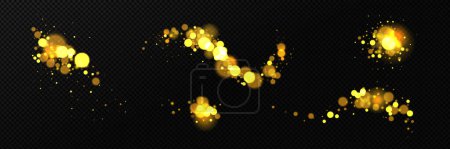 Realistic set of blurred yellow lights sparkling on black background. Vector illustration of abstract festive garland, magic shimmering dust, fantasy fireflies at night. Banner design elements