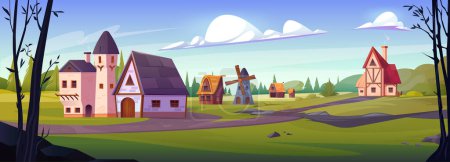 Maison médiévale dans la forêt de fées illustration vectorielle de dessin animé village. Royaume campagne nature paysage avec cabane ancienne, bâtiment moulin à vent, tour et entrepôt en bois sur herbe prairie scène.